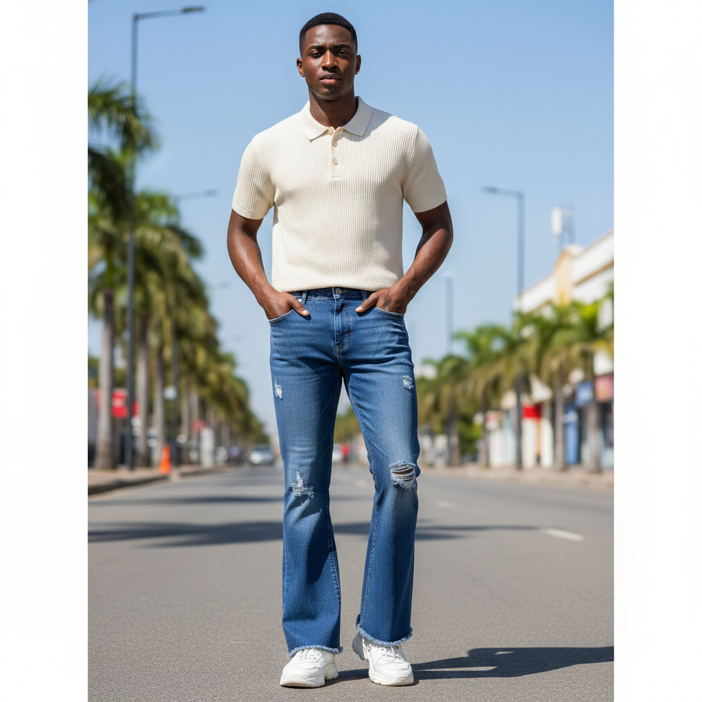 Nigerian model wearing Medium Blue Washed Wide Bootcut Flare Scattered Distress Tear Raw Hem Jeans