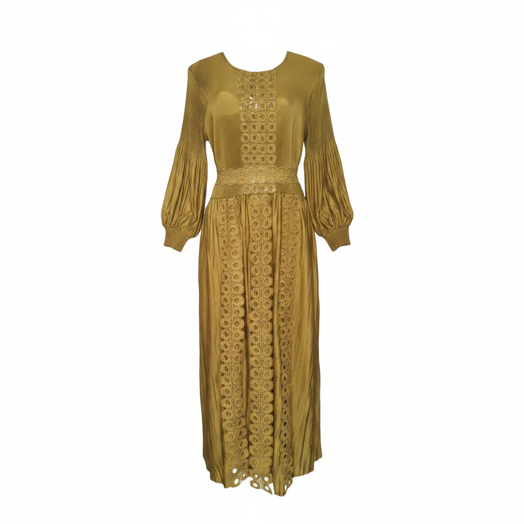 Mustard Yellow Lace Panel Midi Dress - Ghost Mannequin