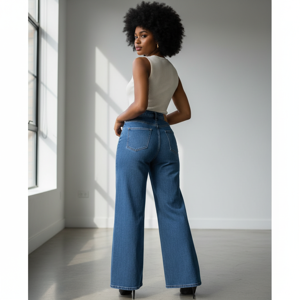 Nigerian female model wearing medium blue palazzo wide-leg jeans back view