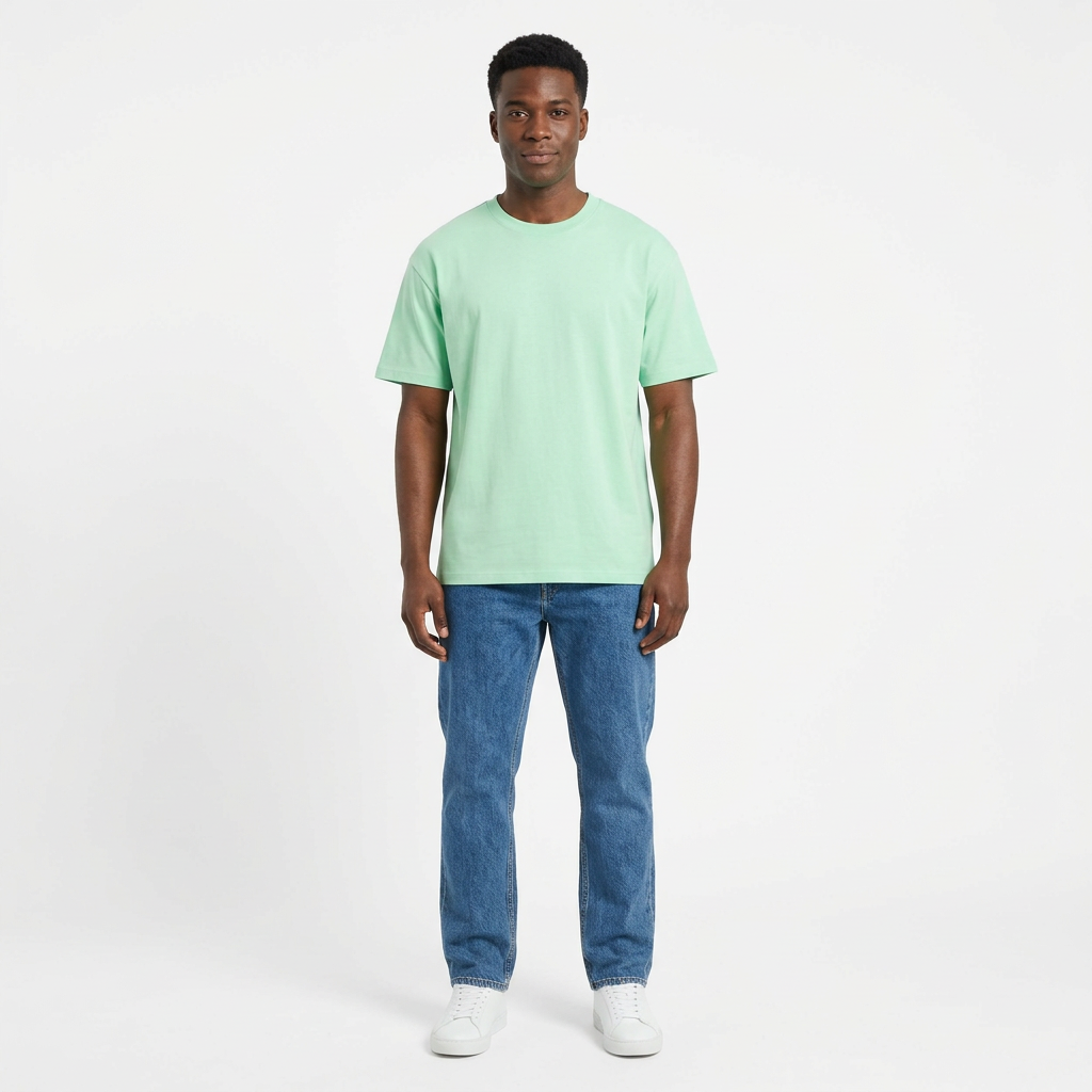 Full-body Black adult model wearing a plain mint-green T-shirt