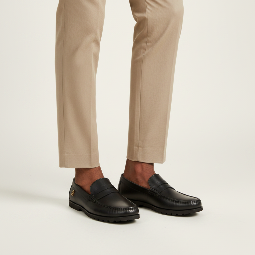 Man wearing black leather penny loafers with cropped beige trousers