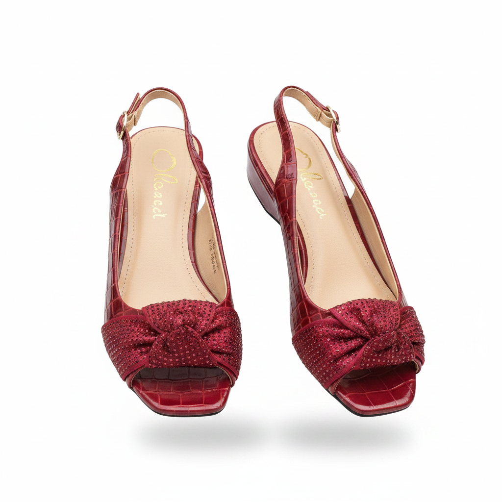 Women's Croc-Embossed Bow Slingback Low Wedge Sandal - Red Ghost Mannequin