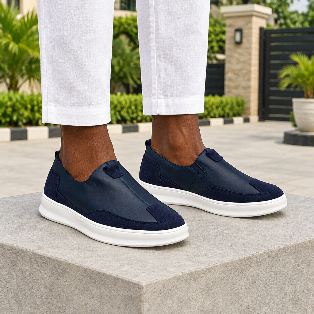 Man wearing navy blue slip-on sneakers with white linen trousers
