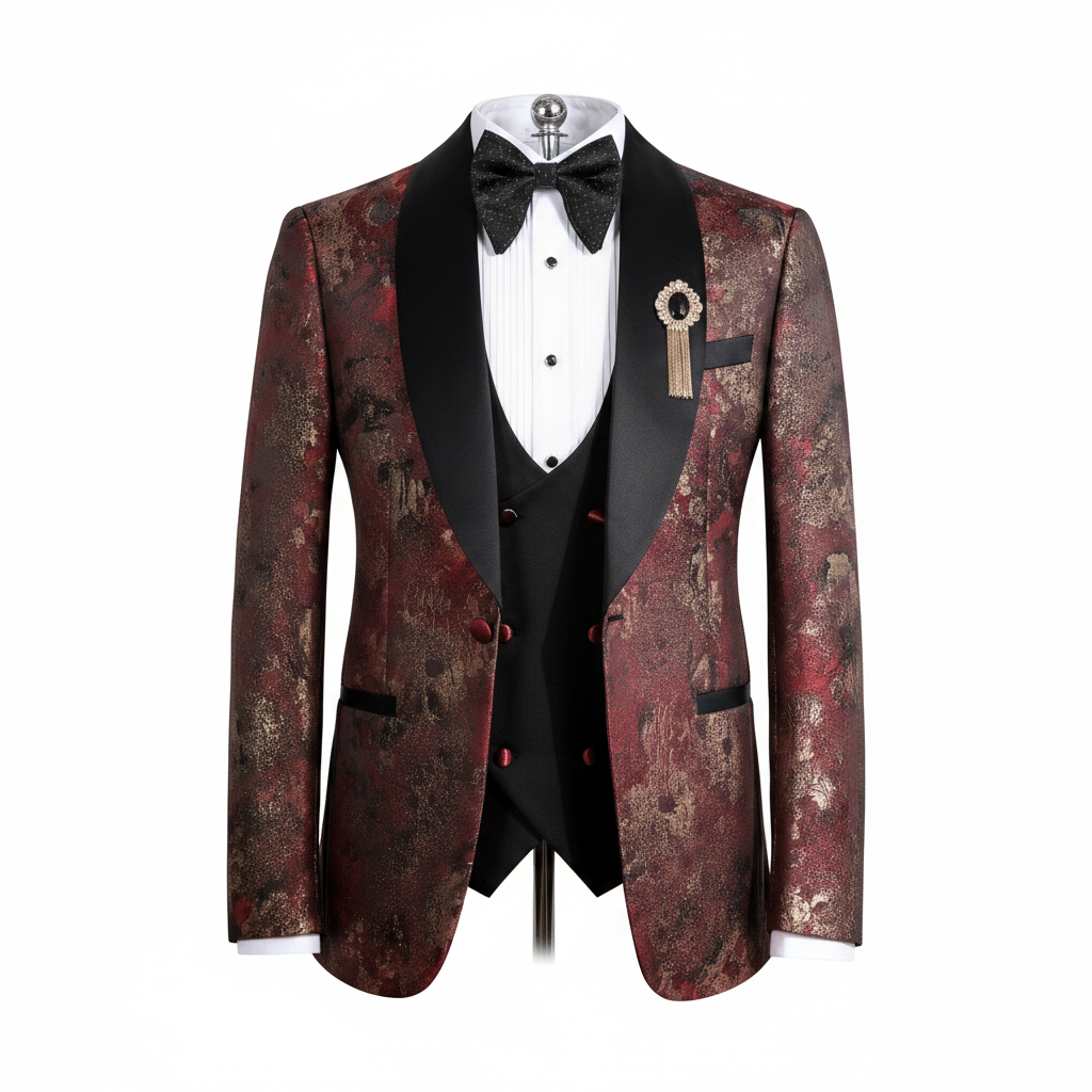 Ghost mannequin front view of burgundy red and gold floral jacquard blazer with black shawl lapels