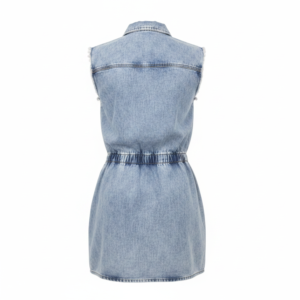 Light Blue Denim Sleeveless Shirt Dress - Ghost Mannequin Back