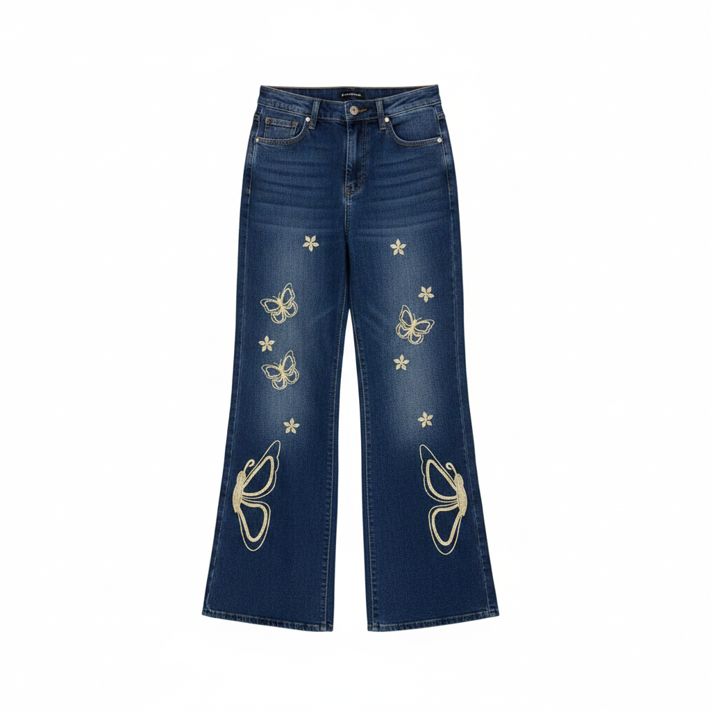 Women's Dark Blue Gold Butterfly Embroidered Wide-Leg Jeans - Ghost Mannequin