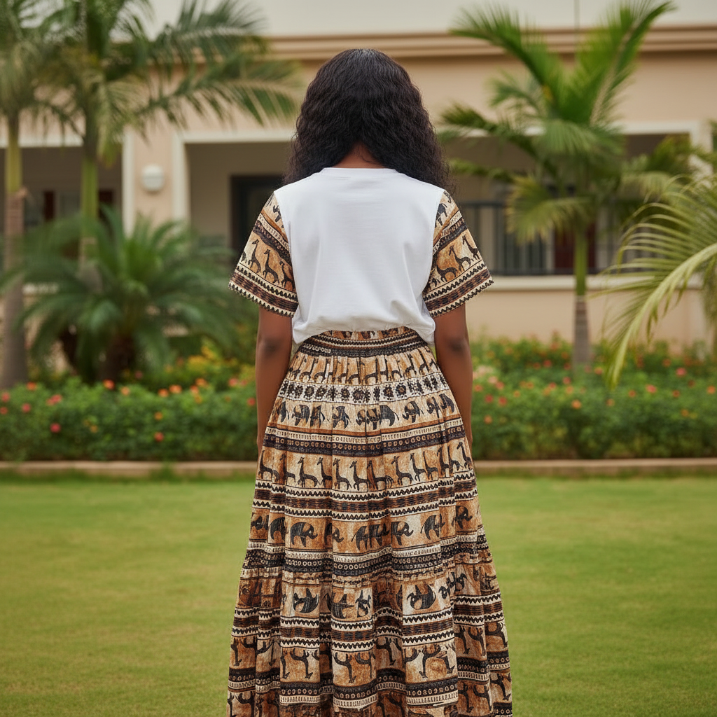 Nigerian female model wearing white short-sleeve top and African print maxi skirt set - back view