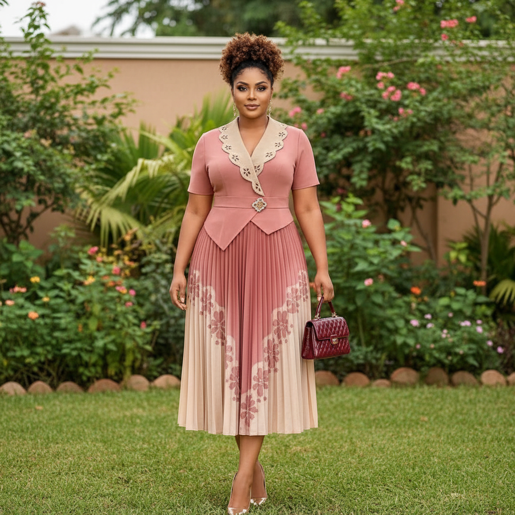 Nigerian female model wearing dusty rose ombre pleated midi gown with lace collar in upscale garden setting