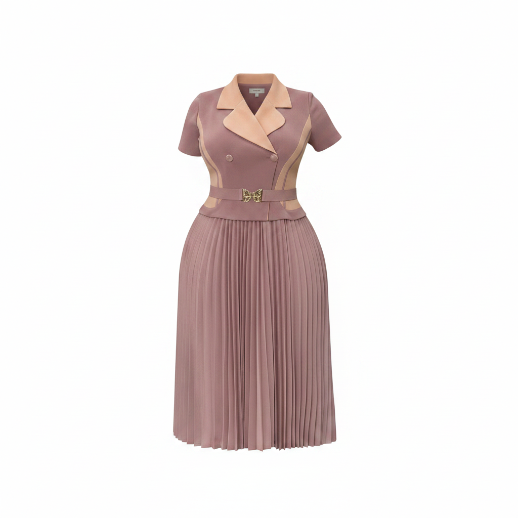 Women's dusty rose lapel butterfly-belt pleated midi gown – ghost mannequin front view