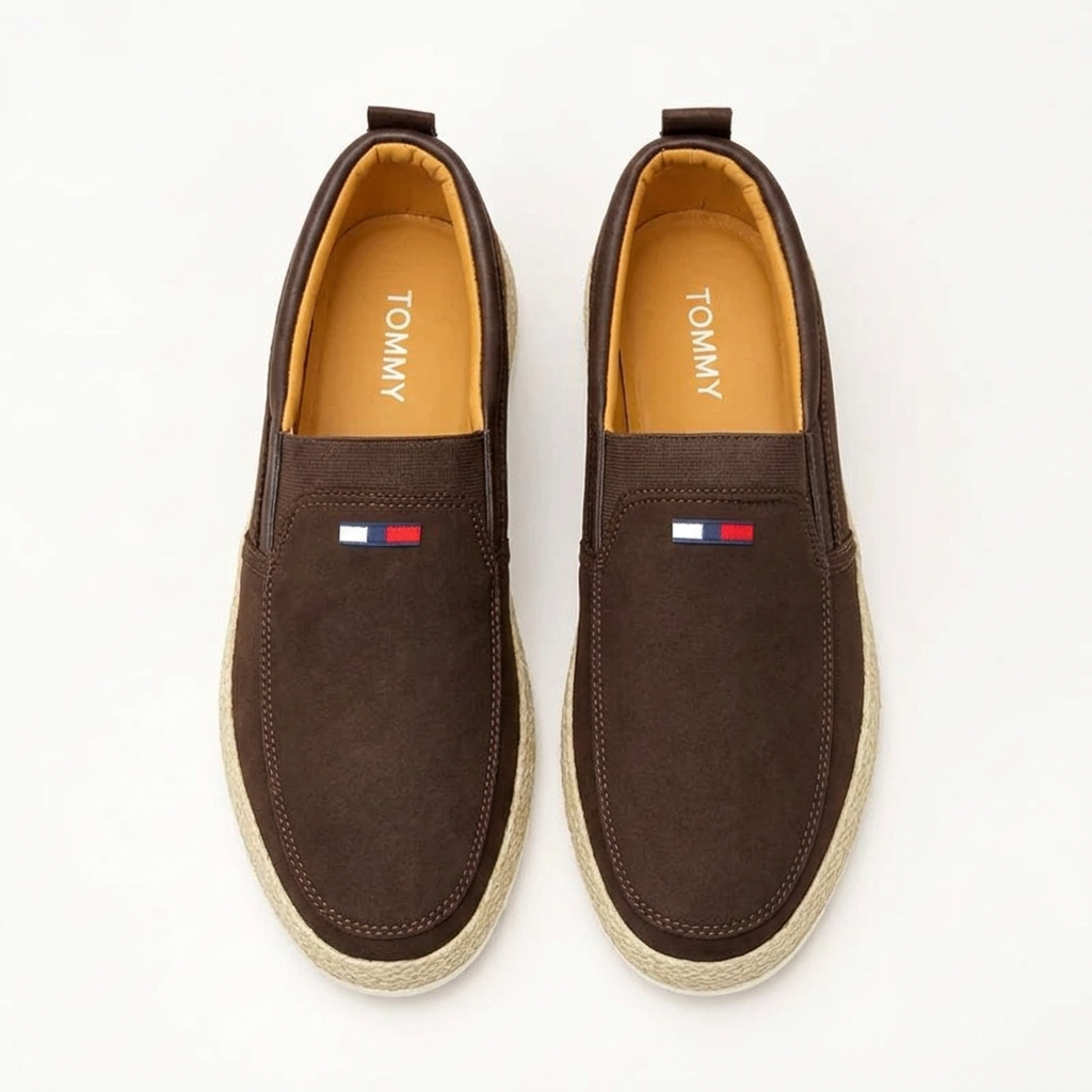 Straight-on brown woven-trim slip-on sneakers with white outsoles