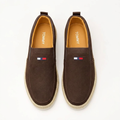 Straight-on brown woven-trim slip-on sneakers with white outsoles
