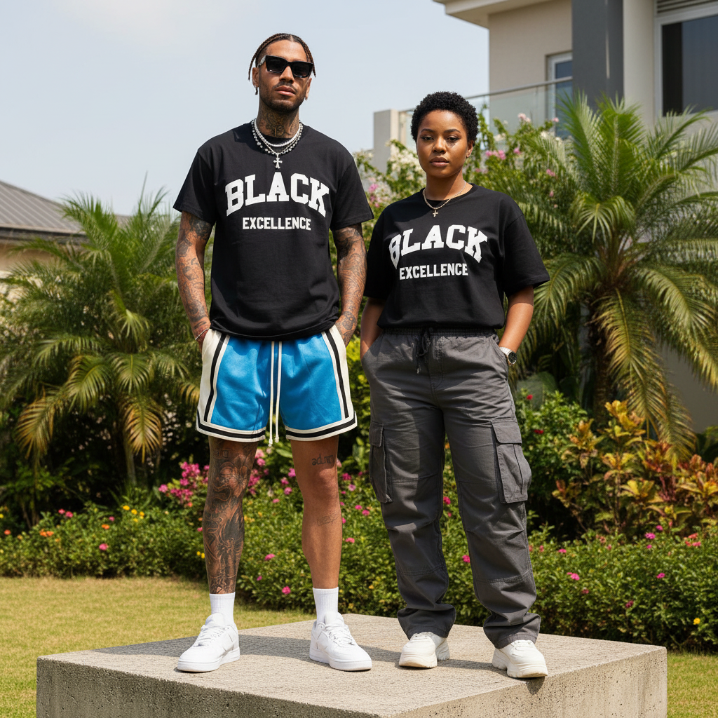 Men's Black Excellence Oversized Graphic Tee - Nigerian Male and Female Model Shot