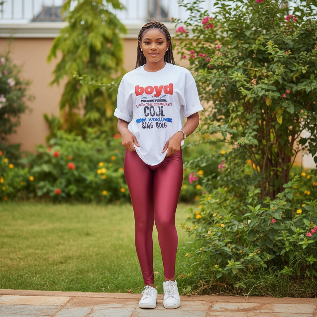 Women's white oversized multicolour slogan graphic tee and burgundy leggings set - model shot