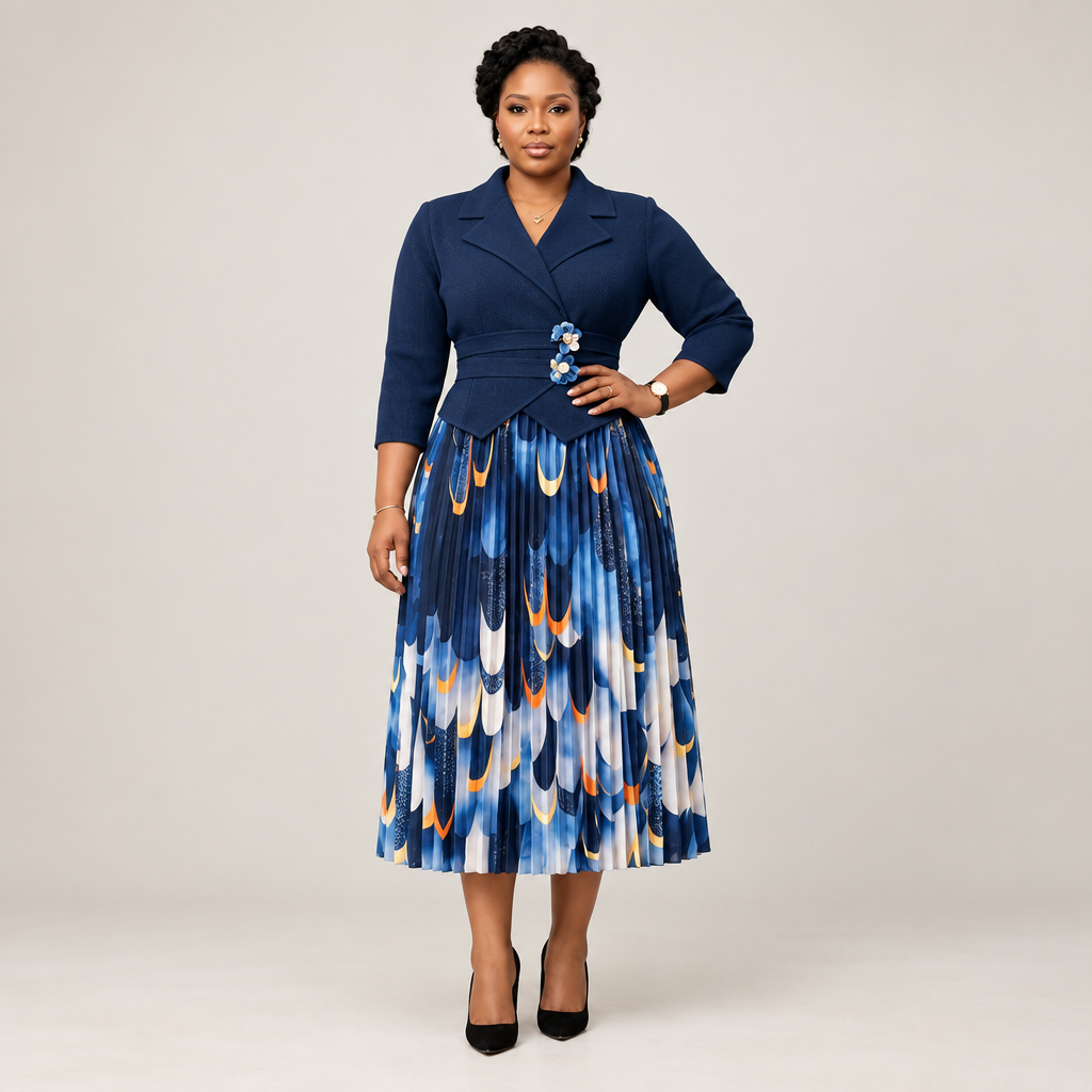 Black Nigerian model wearing a navy pleated gown with floral waist accents and an abstract-print skirt