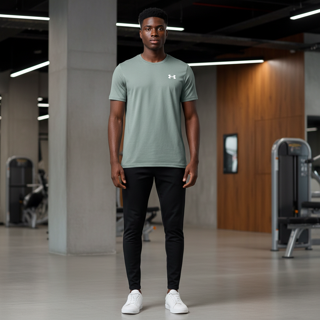 Under Armour sage grey short-sleeve athletic T-shirt on male model