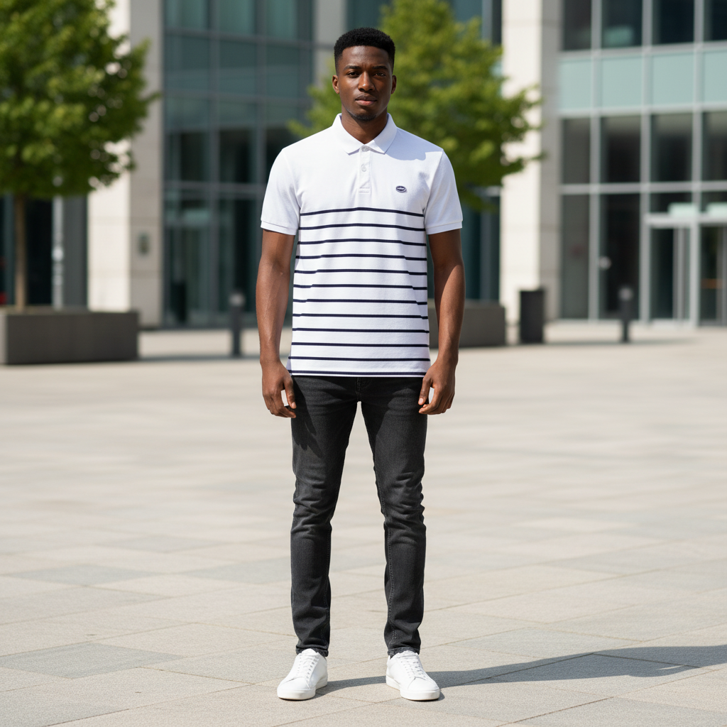 Young Nigerian male model wearing white polo shirt with navy horizontal stripes