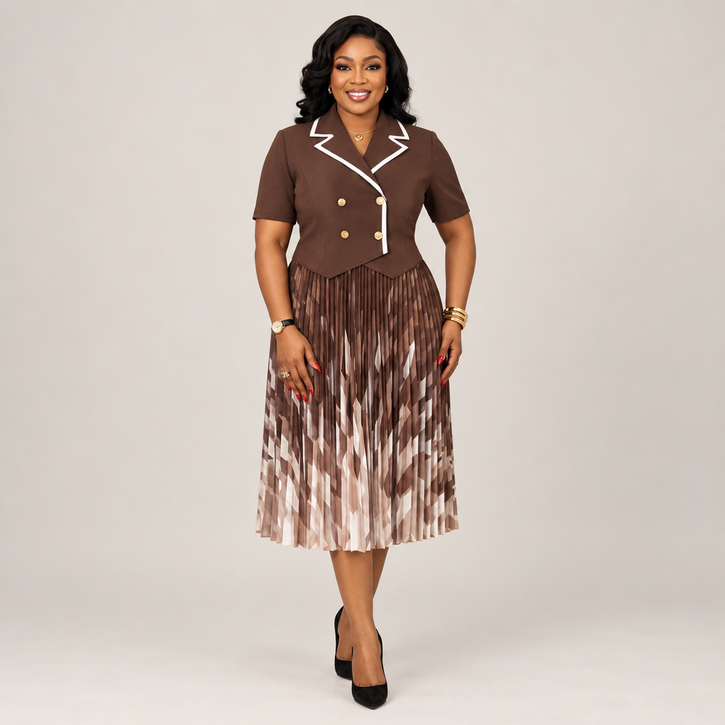 Black Nigerian model wearing a brown contrast-trim gown with a pleated geometric-print skirt