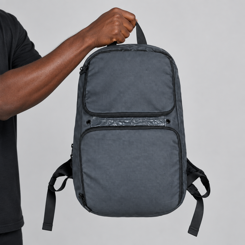 Hand holding the top strap of a black multi-pocket nylon backpack