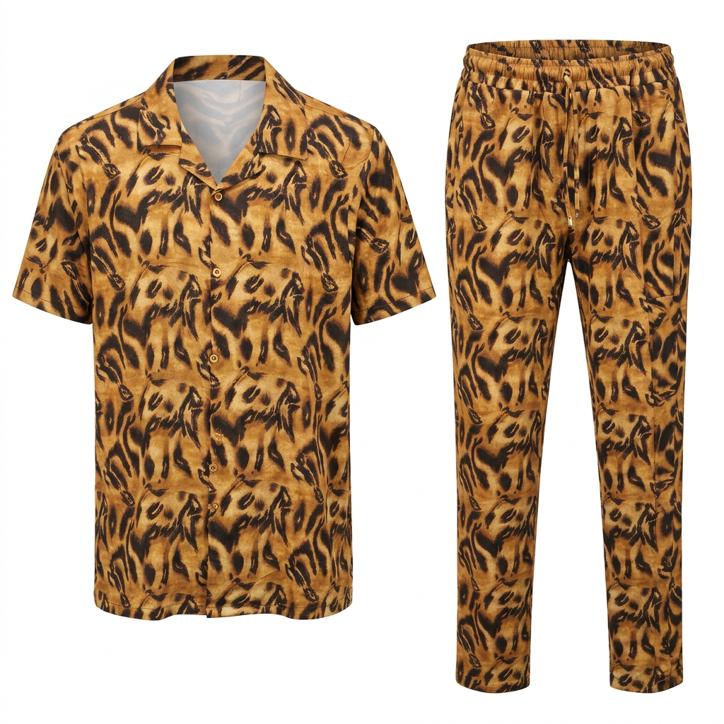 Gold-brown abstract-print shirt and trouser set on white background