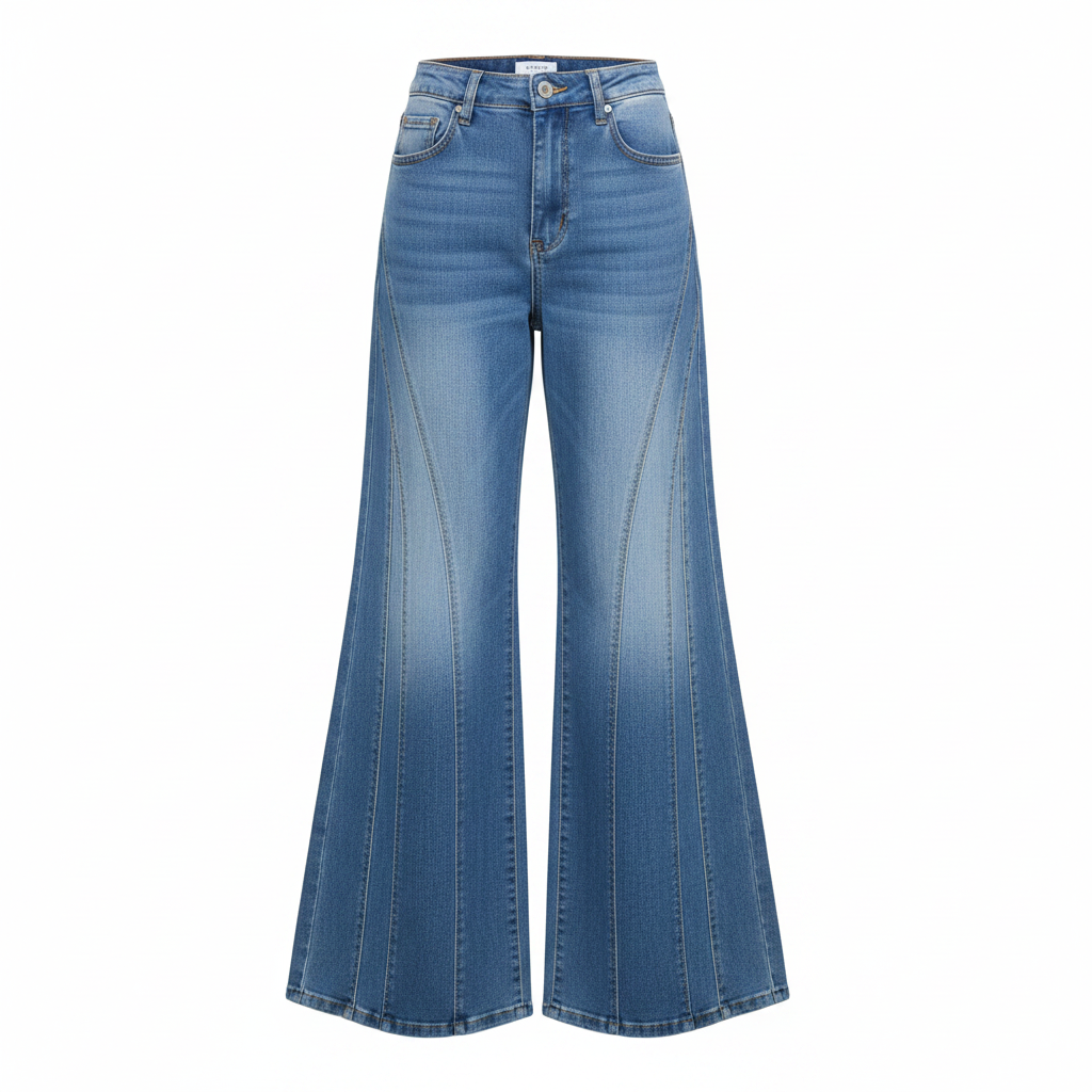 Ghost mannequin front view of blue panel seam wide-leg flare jeans