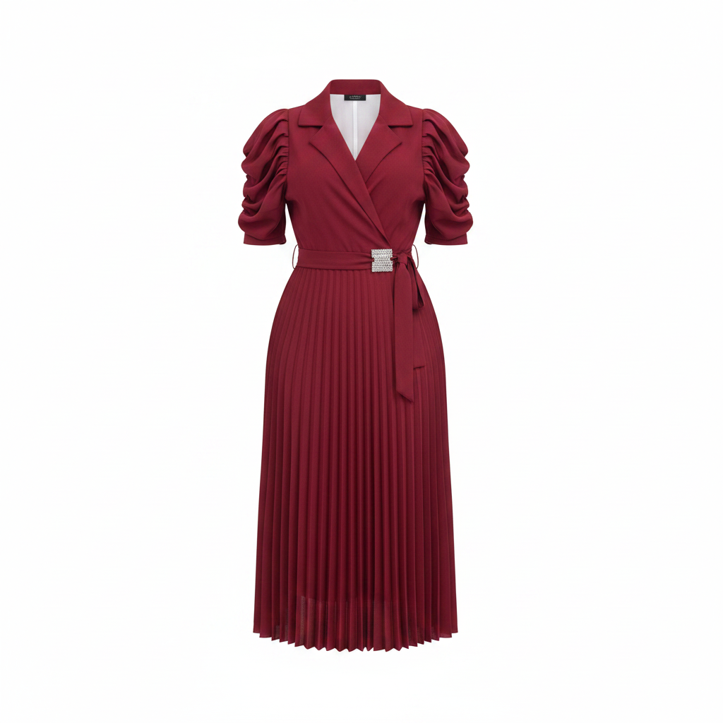 Wine Wrap Front Pleated Midi Dress - Ghost Mannequin