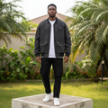 Men's Black Washed Denim Multi-Pocket Oversized Bomber Jacket – Nigerian Male Model Shot