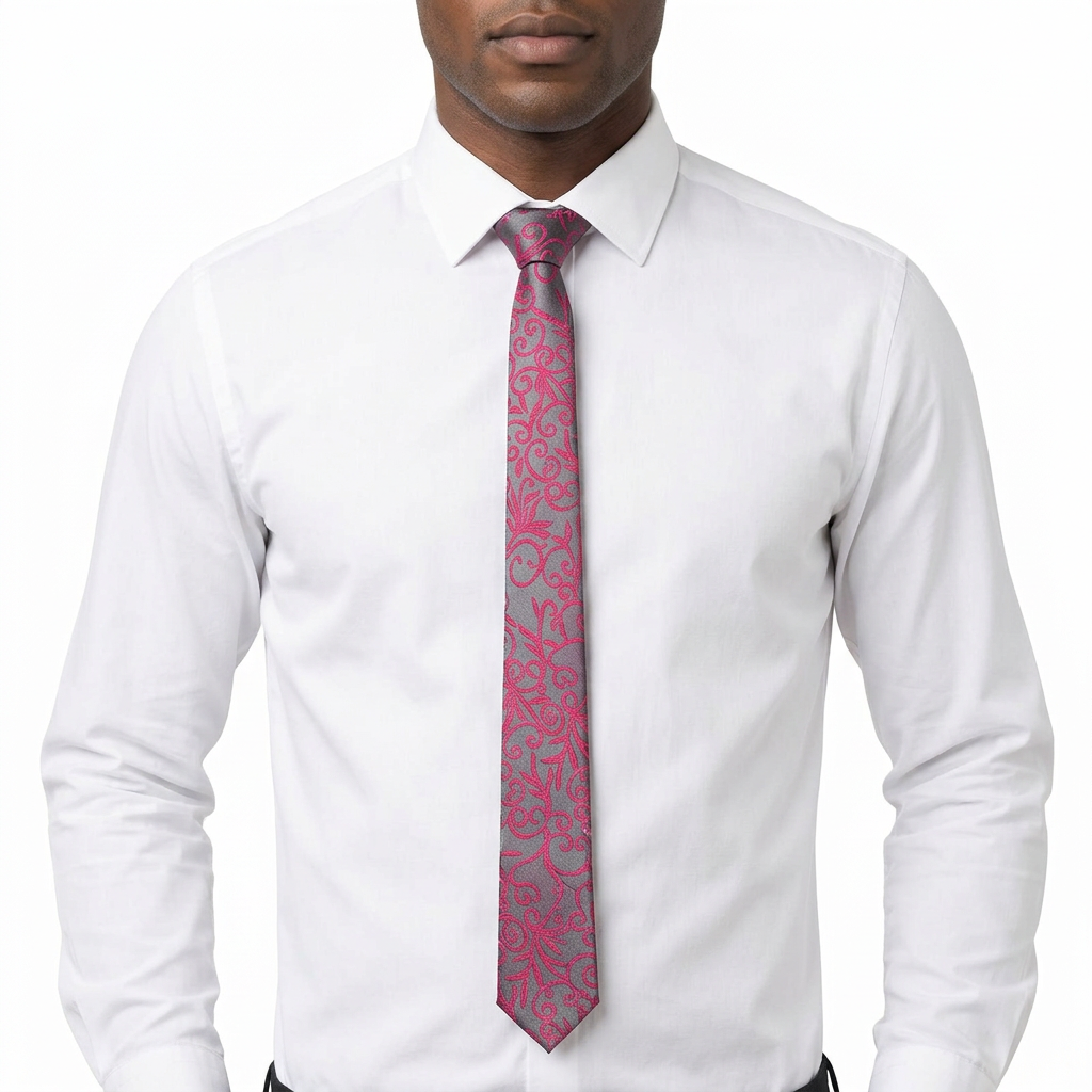 Narrow grey and fuchsia tie worn with a white shirt