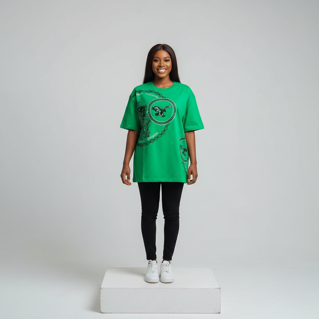 Nigerian female model front view wearing green eagle dragon graphic T-shirt