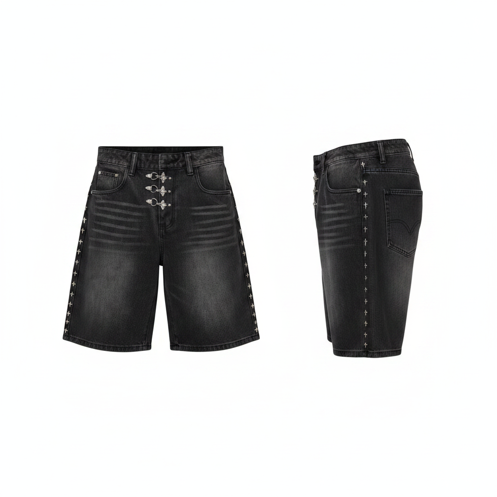 Men's black washed hardware clasp rhinestone trim denim shorts ghost mannequin front and side view