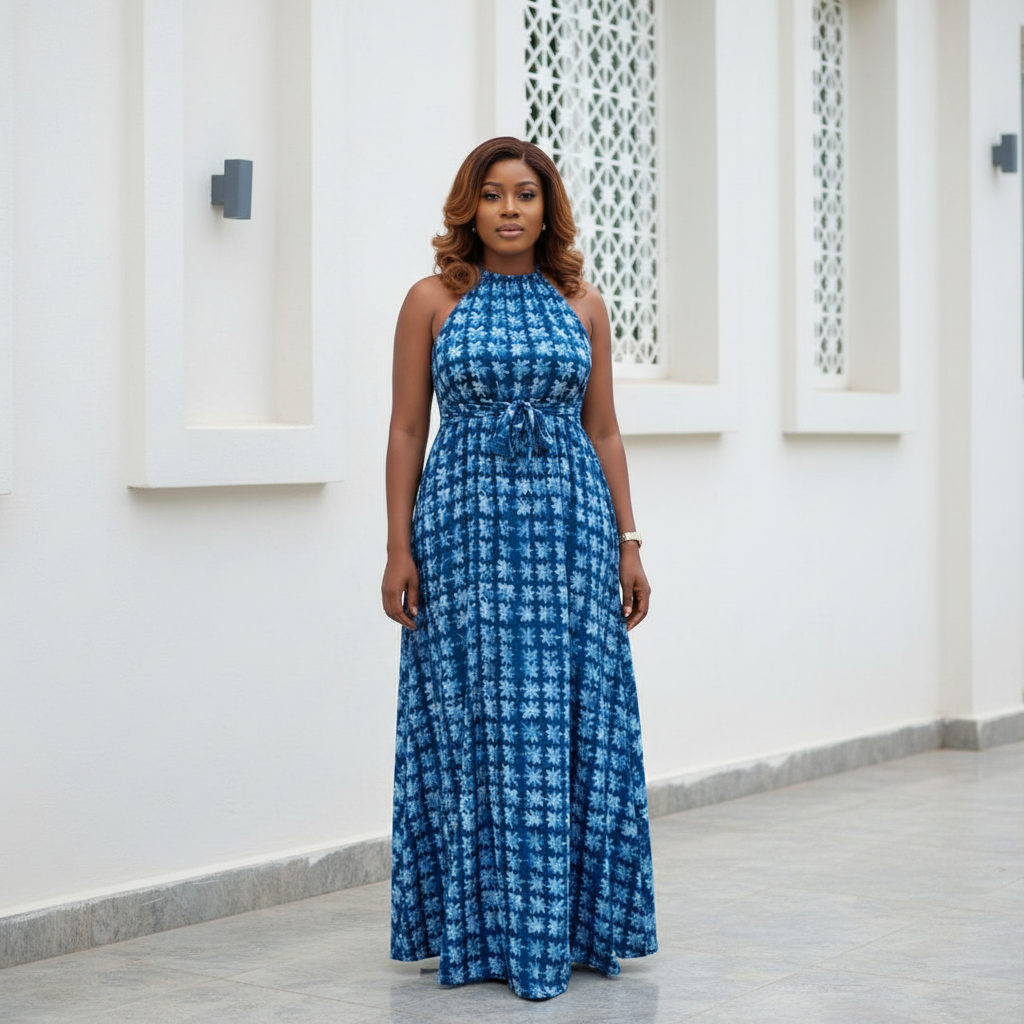 Blue Floral Halter Neck Maxi Dress - Front Model View