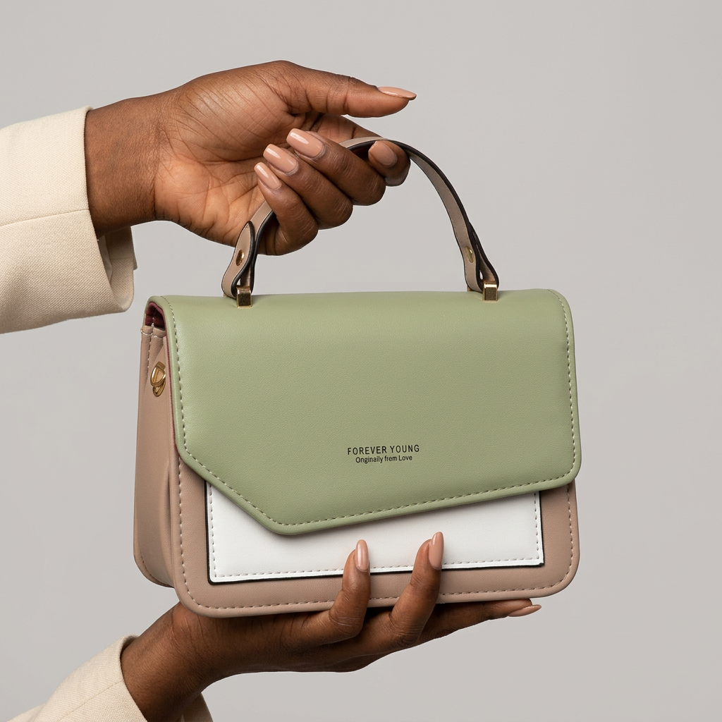 Manicured Black woman's hand holding sage colour-block top-handle bag
