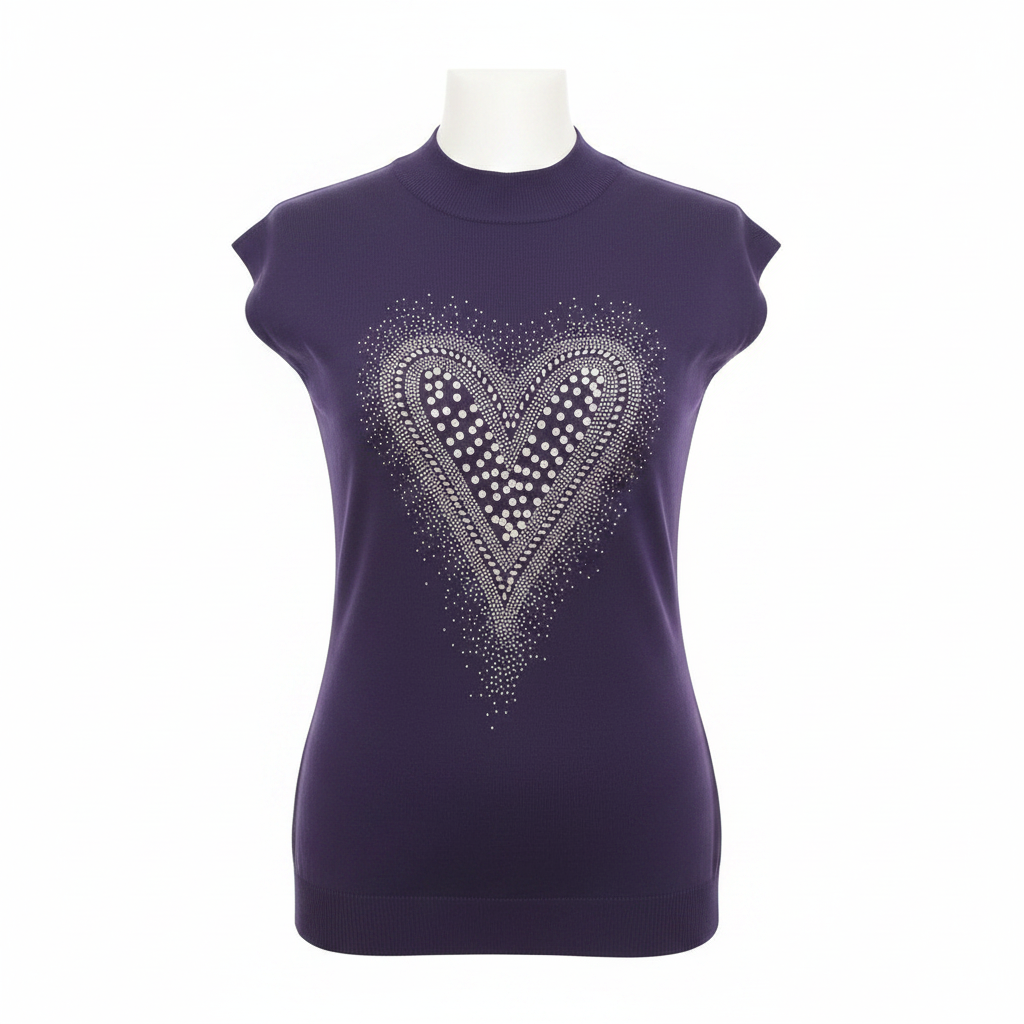 Ghost mannequin front view of purple heart rhinestone sleeveless top