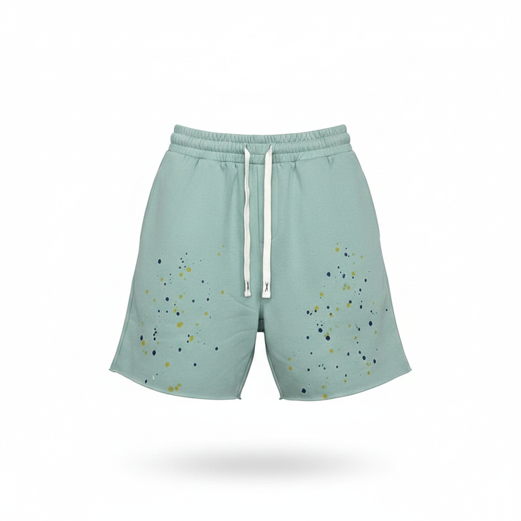 Ghost mannequin front view of sage mint green fleece drawstring shorts with multicolour paint splatter print