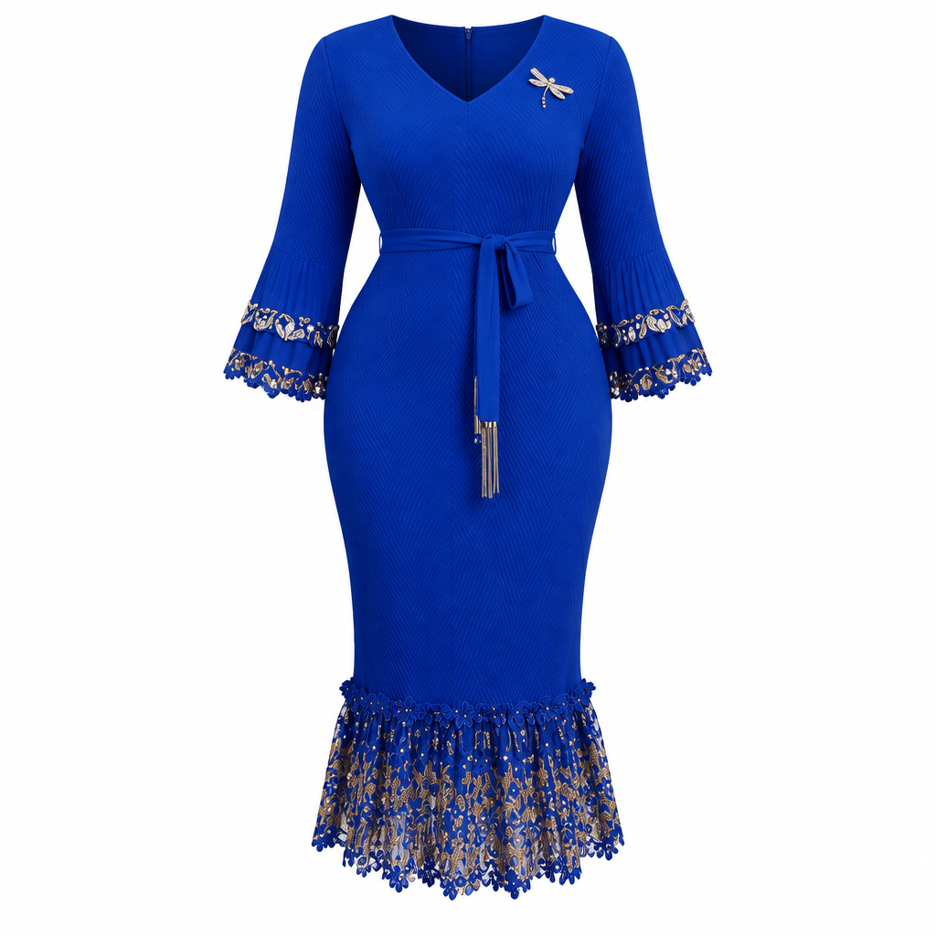 Royal blue belted lace-flounce occasion dress on white background