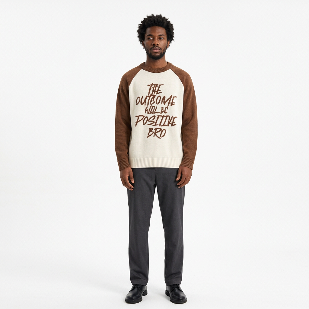 Full-body male model wearing a cream and brown raglan slogan-graphic sweater