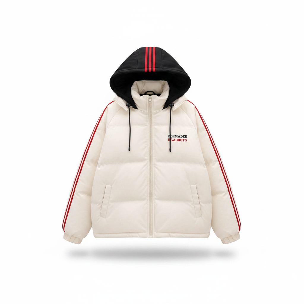 Men's Cream Puffer Jacket with Red Stripe Detail – Ghost Mannequin