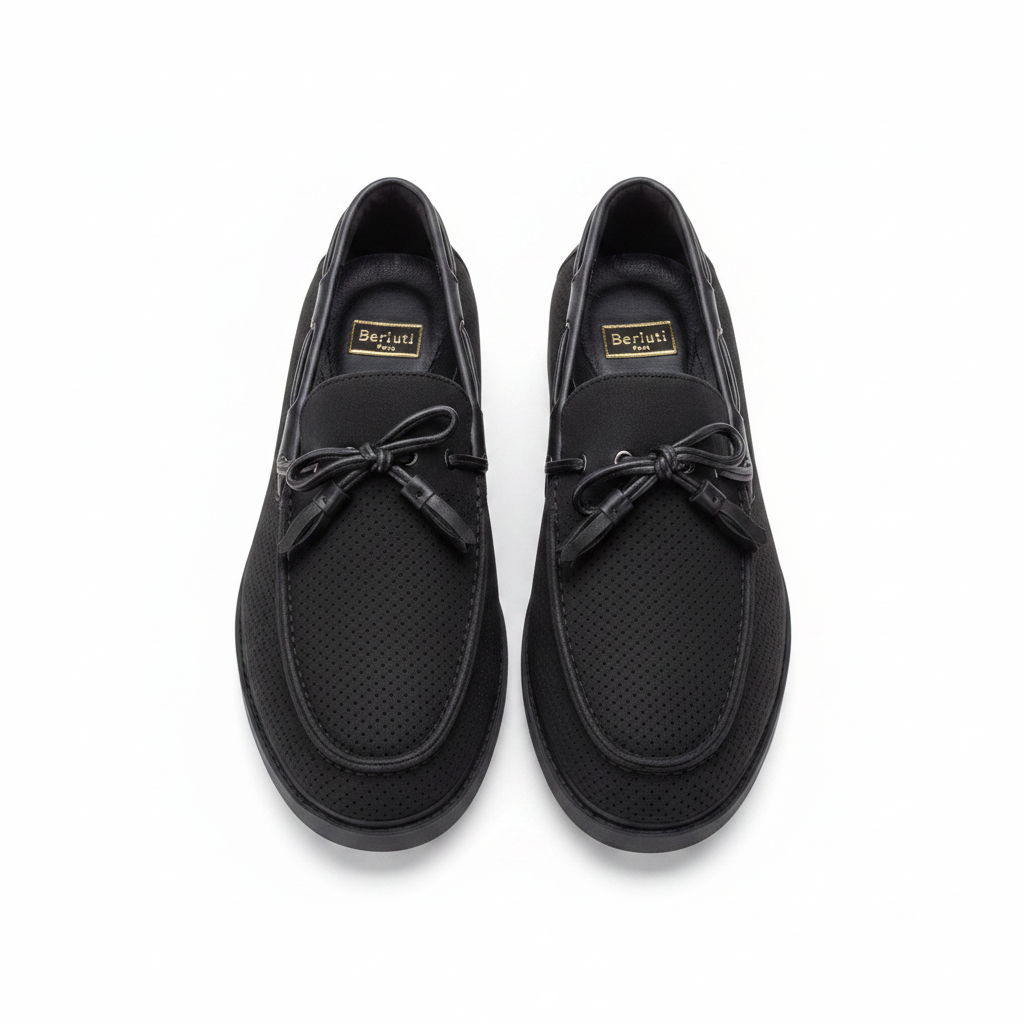 Berluti Paris all-black perforated tassel loafer ghost mannequin product shot, plain white background