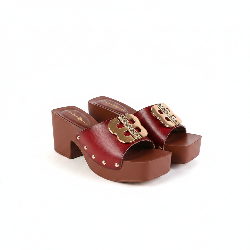 Ghost mannequin pair view of wine burgundy chunky platform block heel mules with gold logo buckle and studs