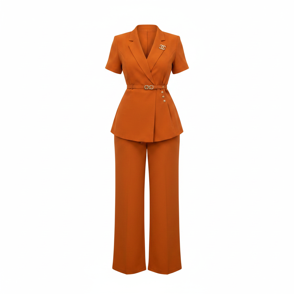 Women's short-sleeve belted blazer co-ord set in orange – ghost mannequin front view