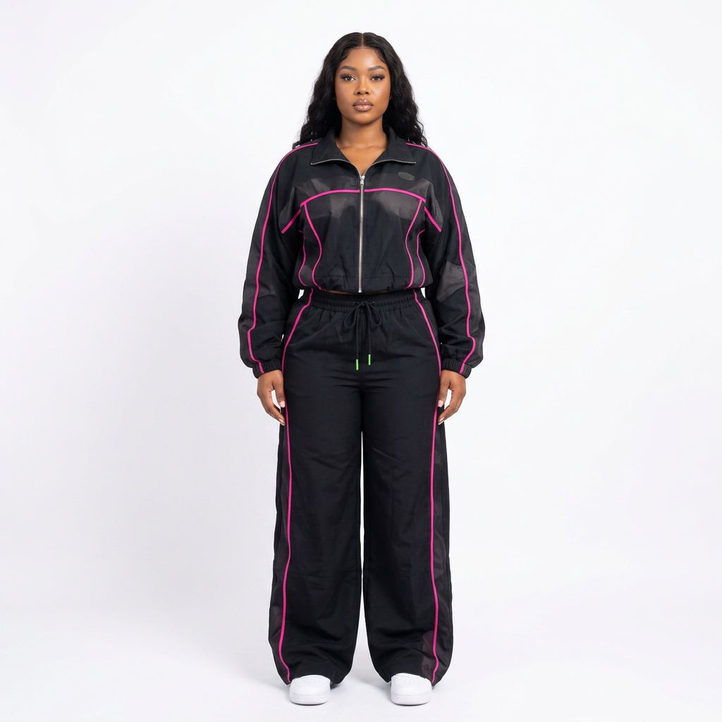 Black adult model wearing a black pink-piping wide-leg tracksuit set