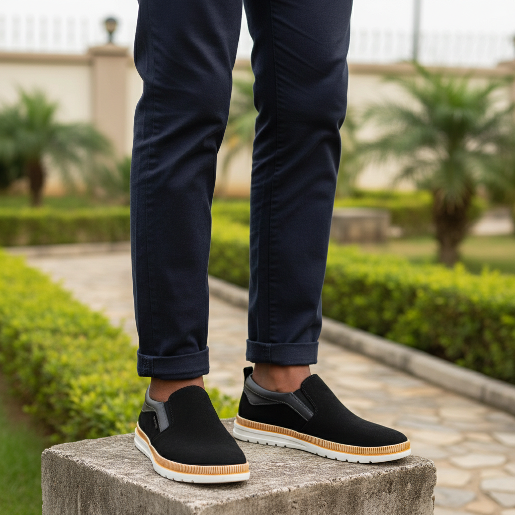 Leg-focused shot of Nigerian male model wearing black suede slip-on sneakers with amber midsole band