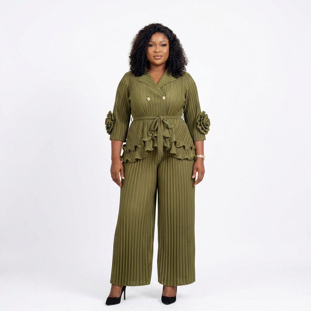Black adult model wearing an olive pleated peplum top and wide-leg trouser set