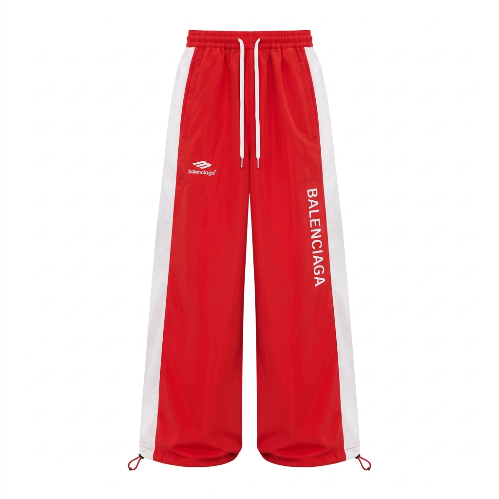 Red wide-leg track trousers with white stripes on white background