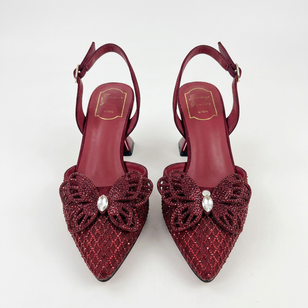 Wine butterfly-detail pointed-toe slingback low-heel pair
