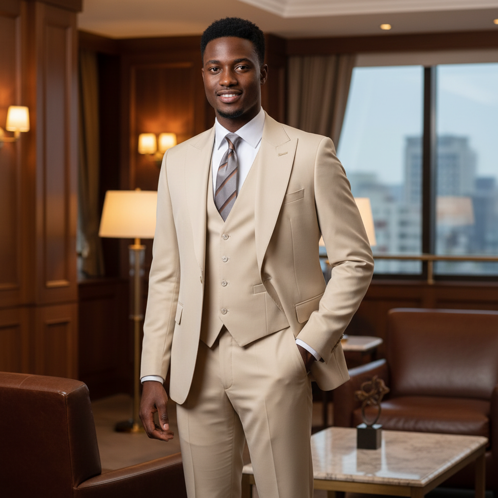 Nigerian male model wearing the Ivory Elite 3-Piece Suit in an upscale setting