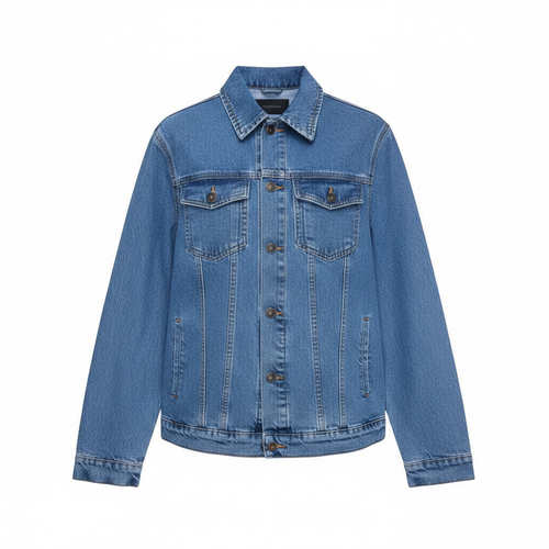 Men's sky blue oversized denim trucker jacket ghost mannequin front view