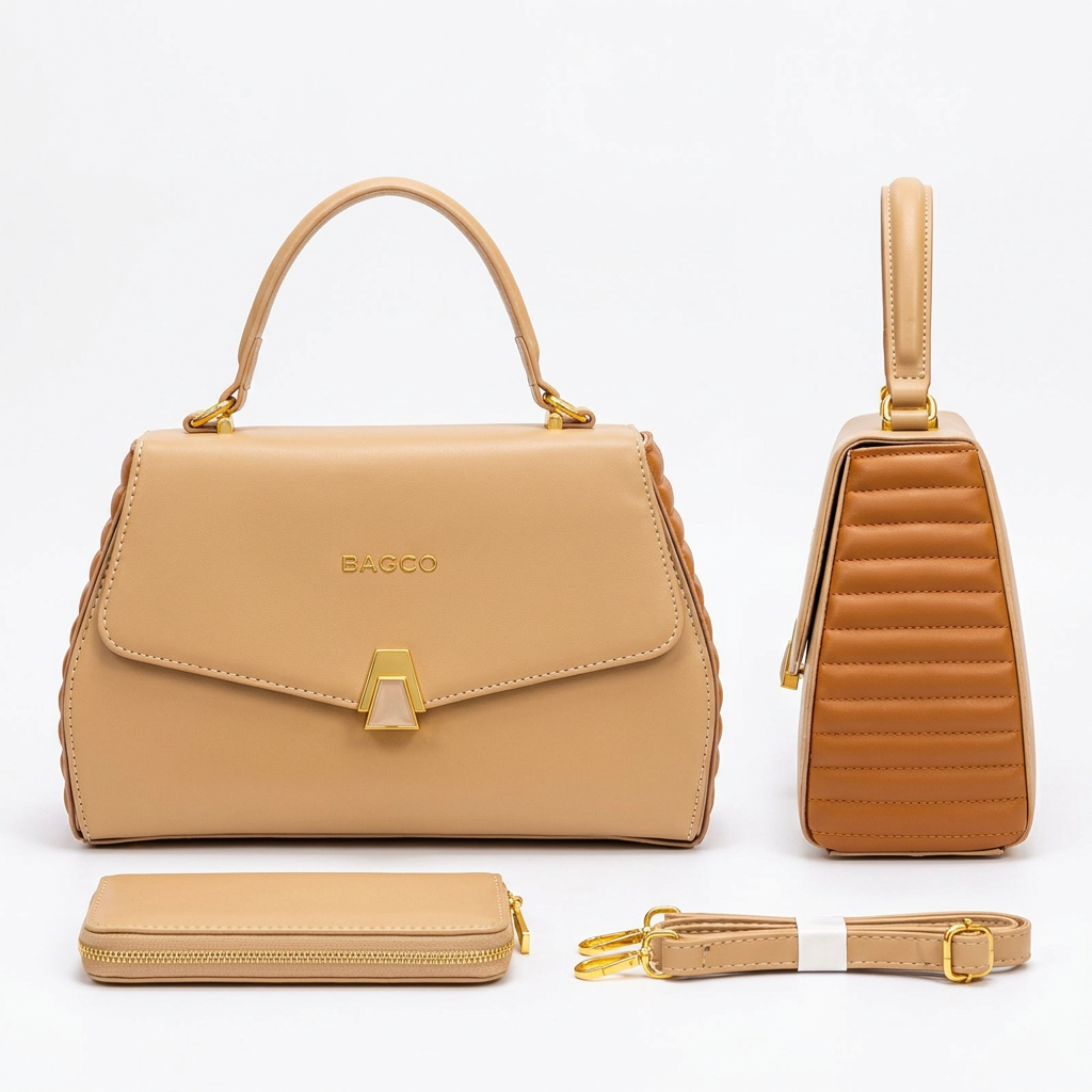 Beige and caramel handbag front and side views with matching wallet and shoulder strap