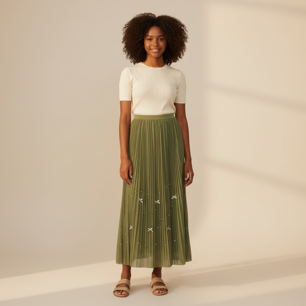 Nigerian girl wearing olive green bow pleated midi skirt - front view