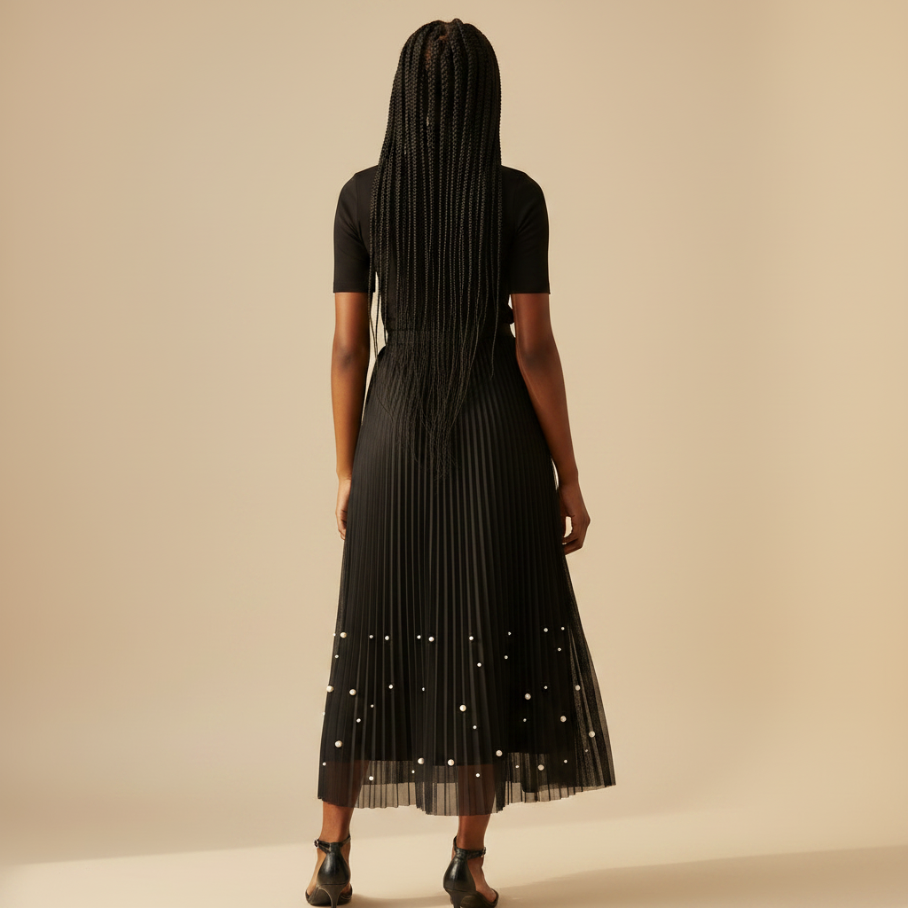 Nigerian girl wearing black pearl hem pleated midi skirt - back view