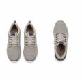 Men's light grey knit lace-up casual sneaker with navy accent ghost mannequin front and side view pair